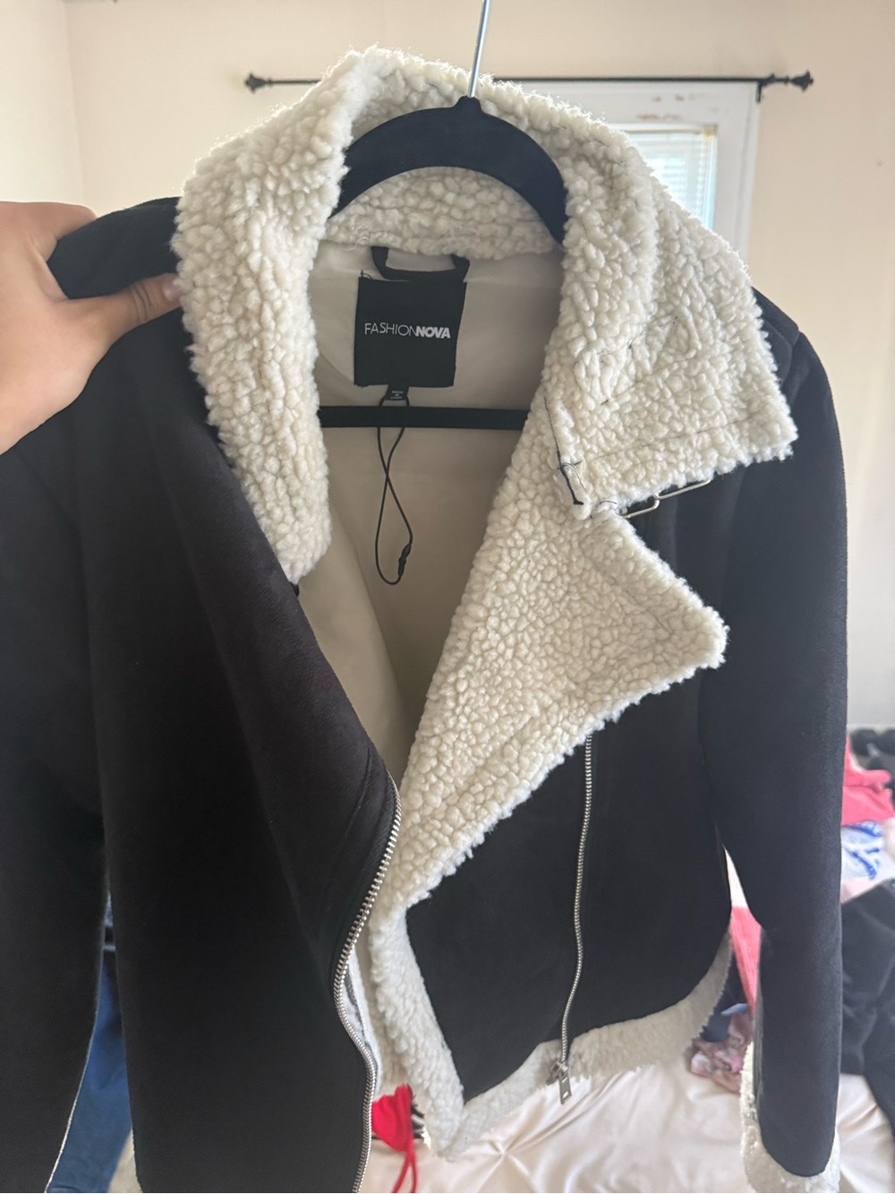 Fashion Nova Black Teddy Jacket with Ivory Sherpa Trim
